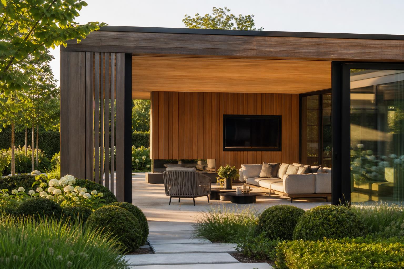 Luxe Douglas houten overkapping in moderne Nederlandse tuin